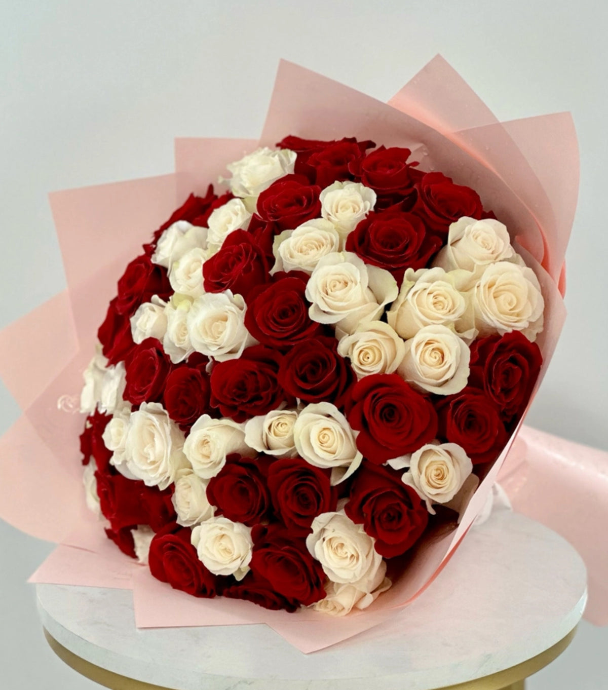 White and Red Rose Bouquet – classic white and red roses by La Grande Beauté, luxury flower delivery London