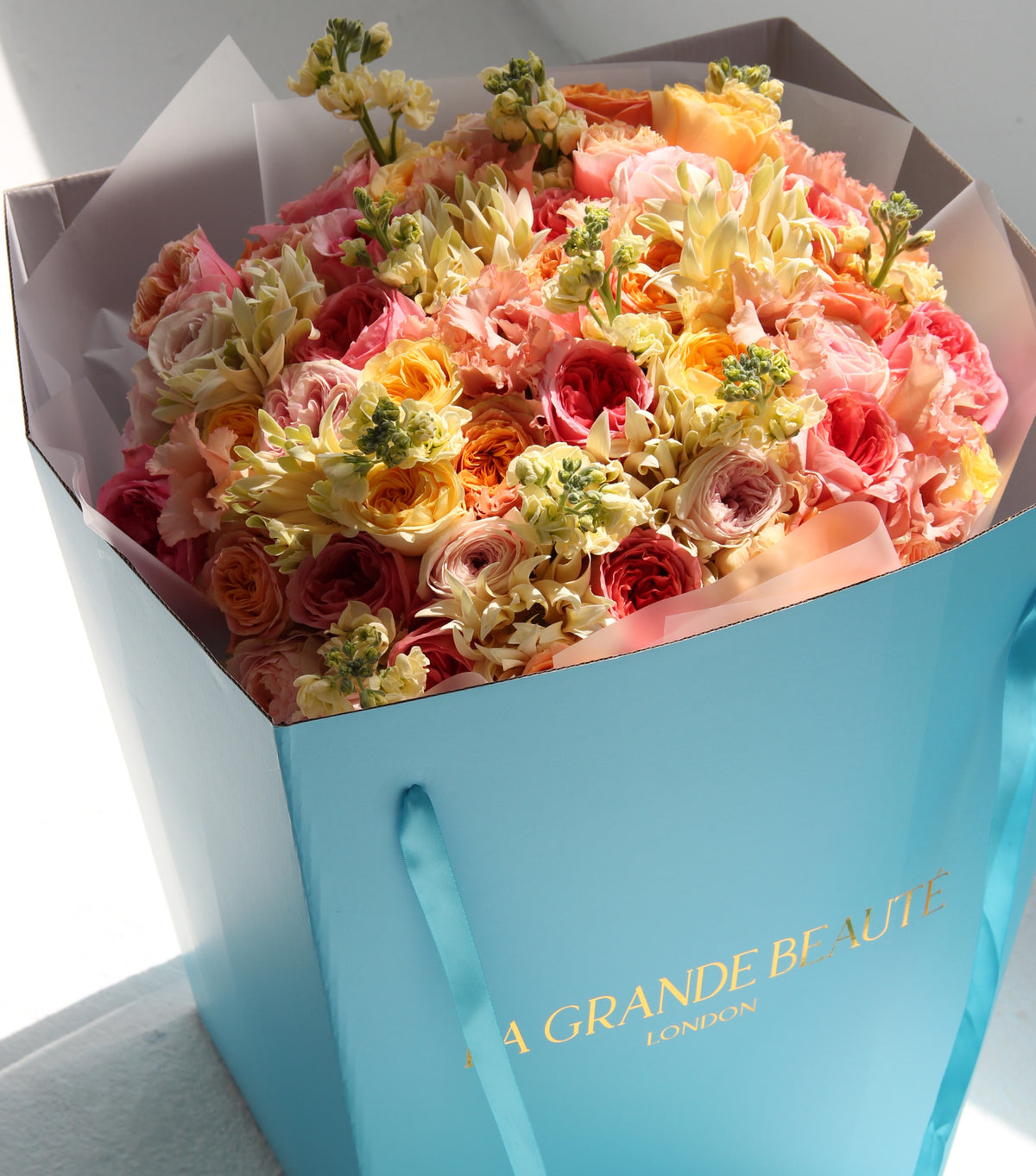 “Peach Sorbet” – hand-tied rose and stock bouquet by La Grande Beauté, luxury flower delivery London