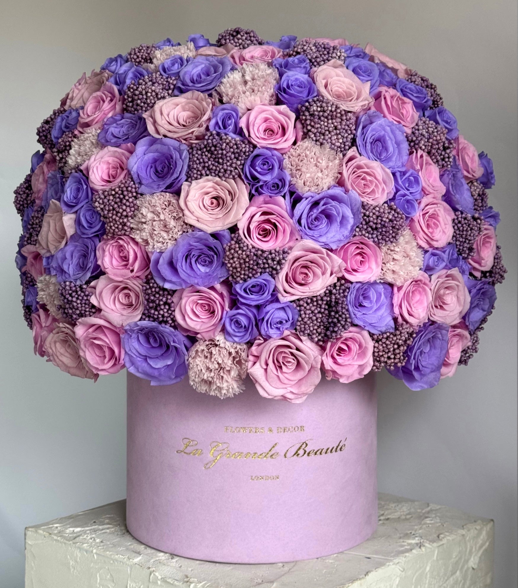 “Periwinkle” – preserved lavender rose box by La Grande Beauté, luxury flower delivery London