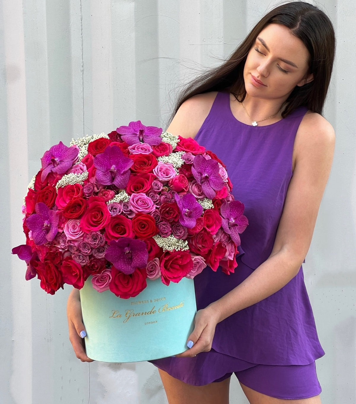 “Firefly” – red and pink rose and orchid velvet box by La Grande Beauté, luxury flower delivery London
