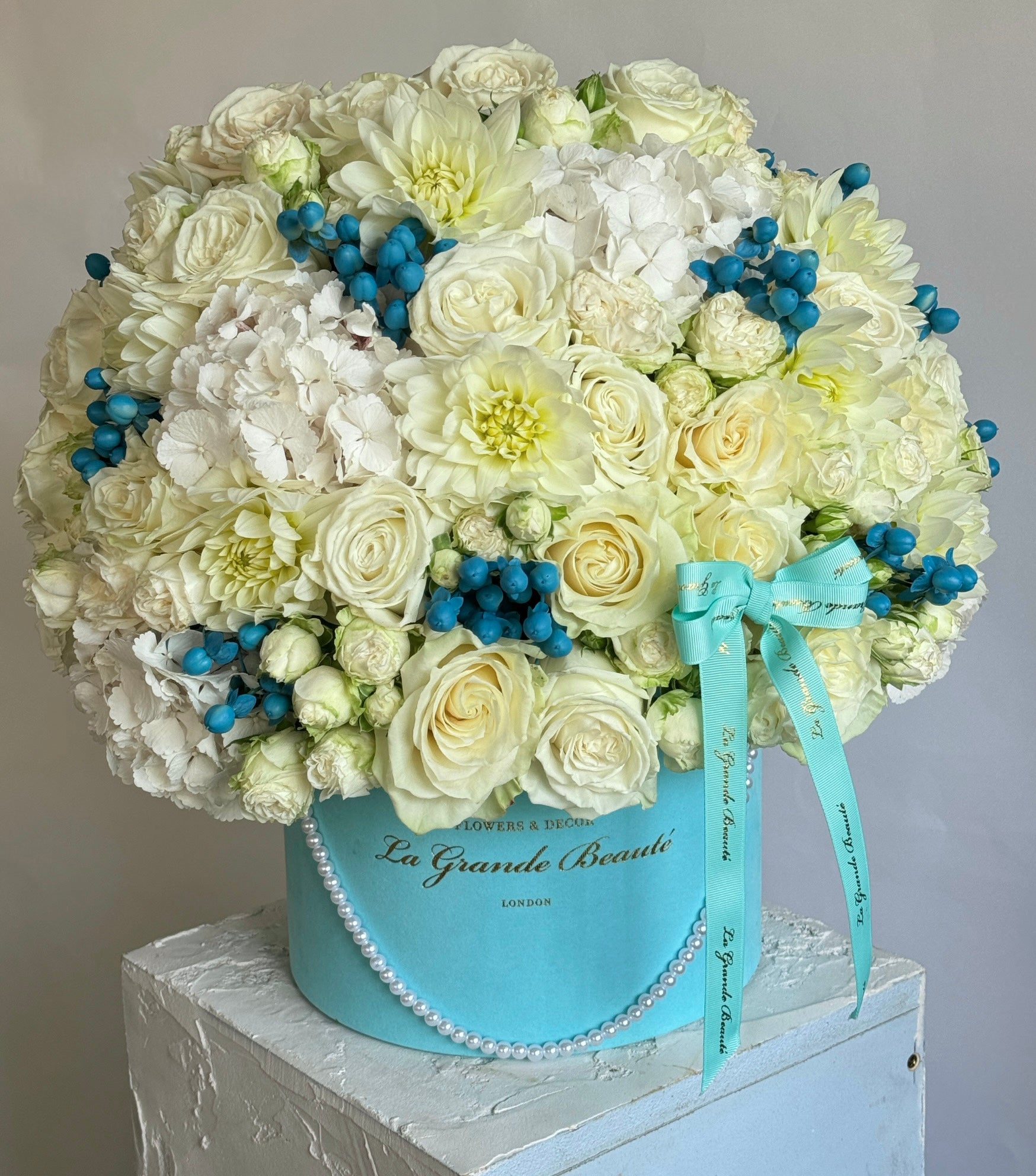 “Baby Blue” – white rose, dahlia and hydrangea flower box by La Grande Beauté, luxury flower delivery London