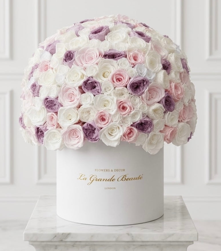 “Parme” – preserved white, pale pink and mauve rose box by La Grande Beauté, luxury flower delivery London