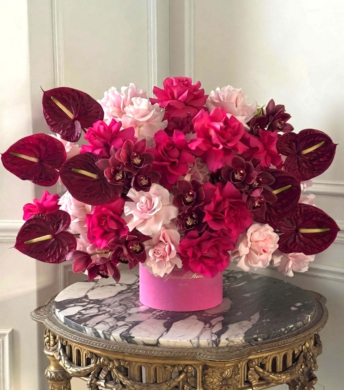 “Fuchsia” – hot pink rose and orchid flower box by La Grande Beauté, luxury flower delivery London