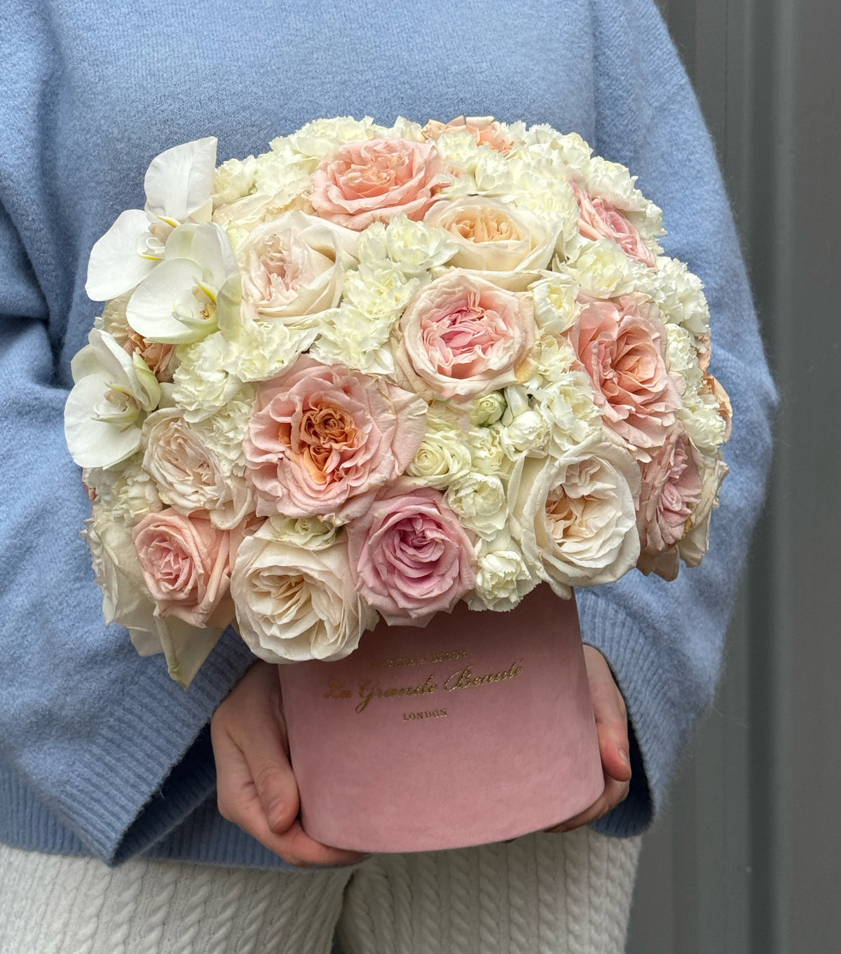“Soft & Gentle” – petite box of roses and orchids by La Grande Beauté, luxury flower delivery London