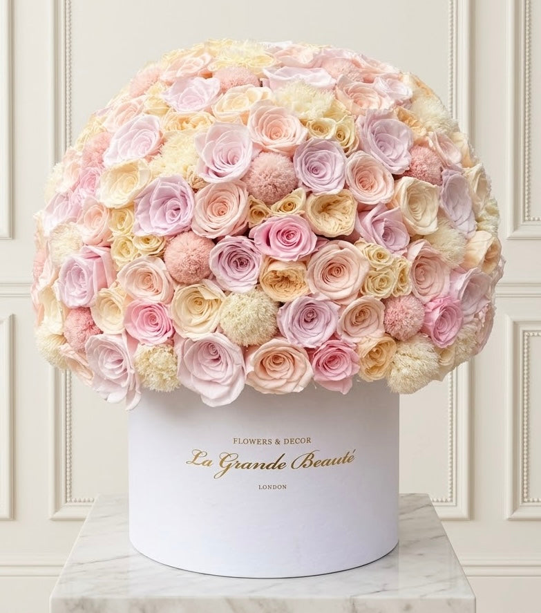 “Dolce” – preserved blush, peach and cream rose dome by La Grande Beauté, luxury flower delivery London