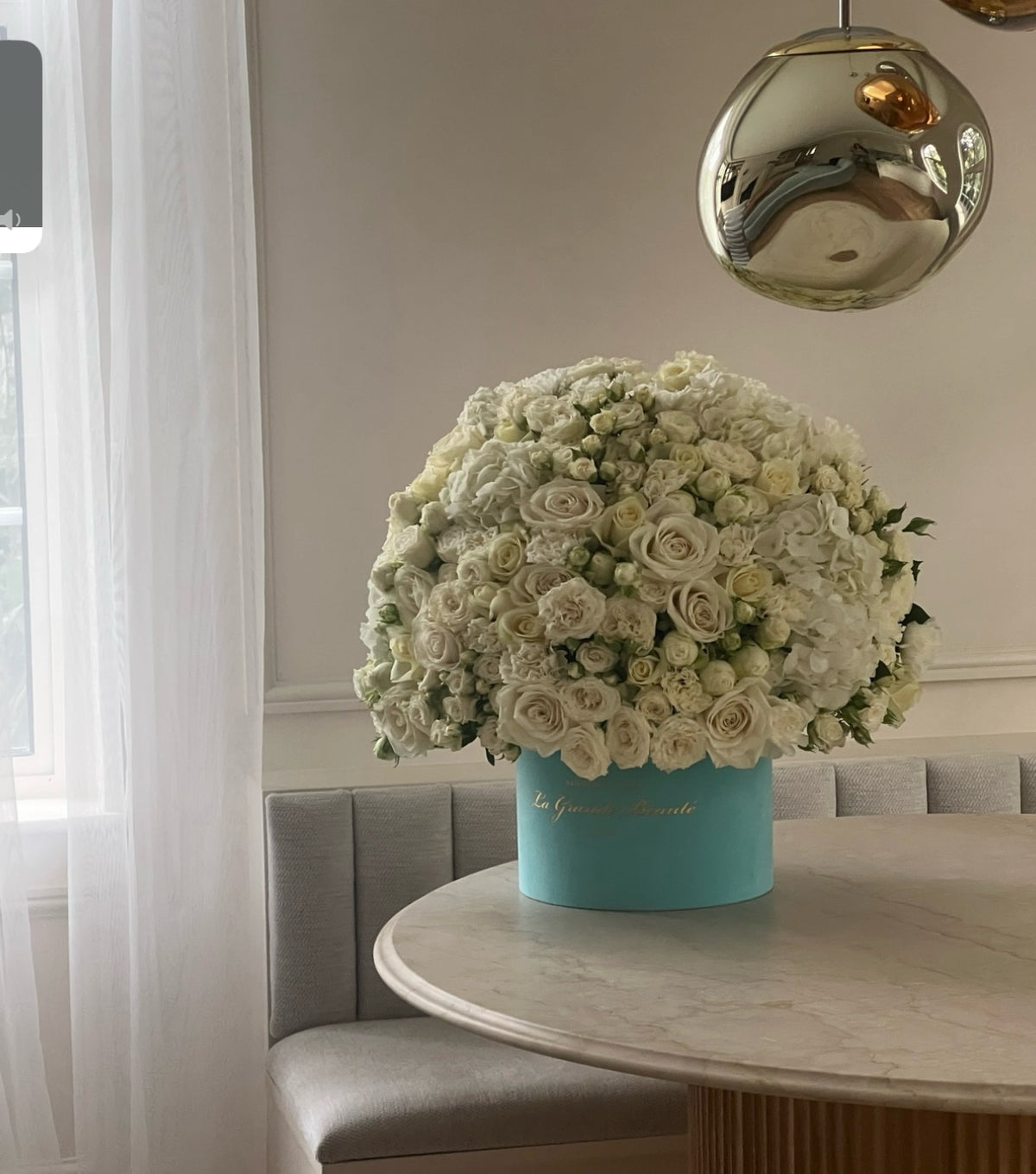“Glorious” – white rose, peony and hydrangea velvet box by La Grande Beauté, luxury flower delivery London
