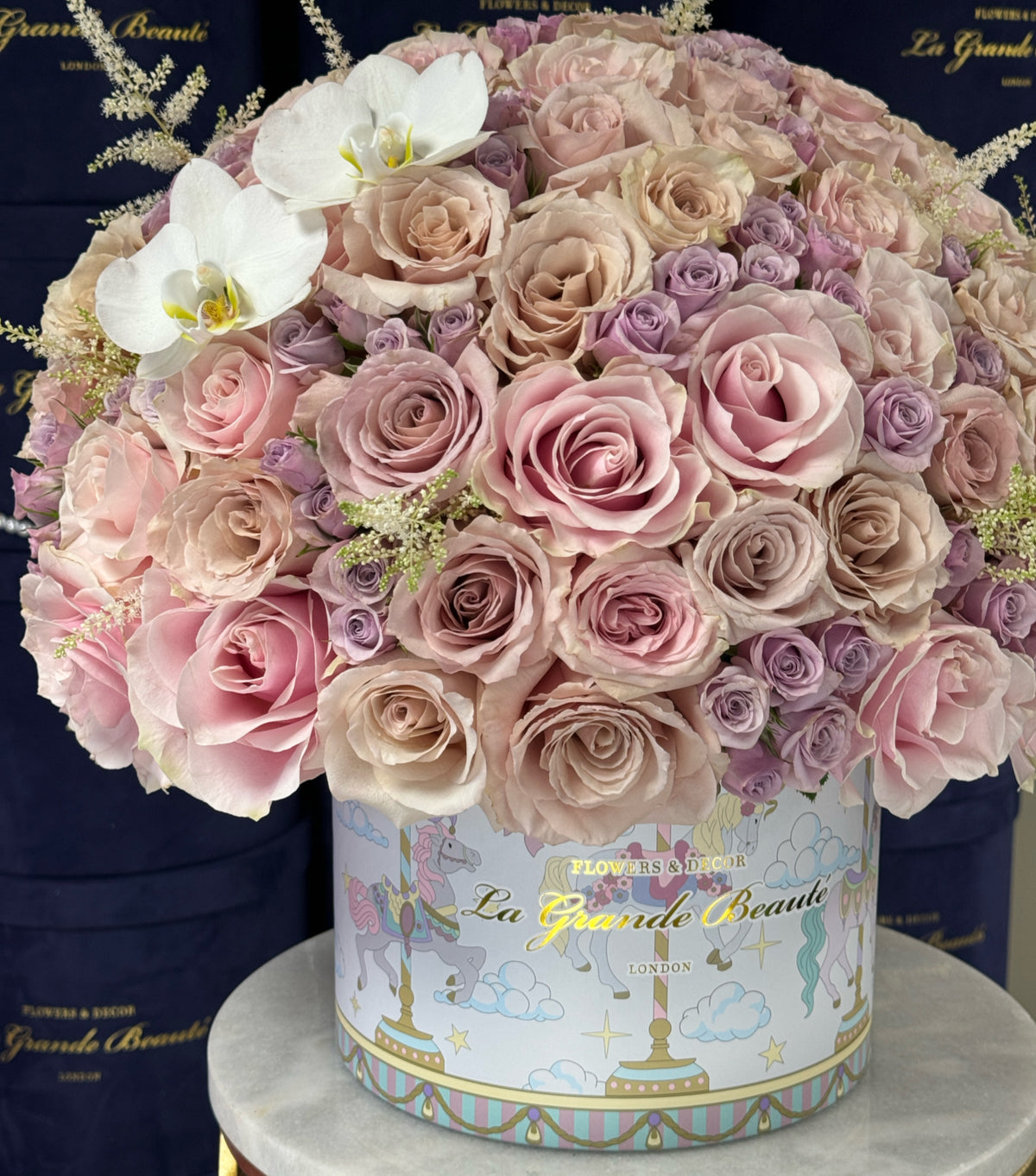 “Tenderness” – pink and lilac rose and orchid flower box by La Grande Beauté, luxury flower delivery London