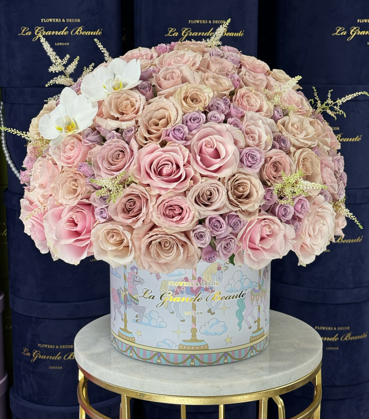 “Tenderness” – pink and lilac rose and orchid flower box by La Grande Beauté, luxury flower delivery London