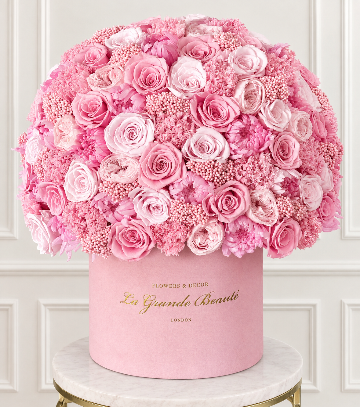 “Rouge” – preserved pink roses and blooms in a velvet box by La Grande Beauté, luxury flower delivery London