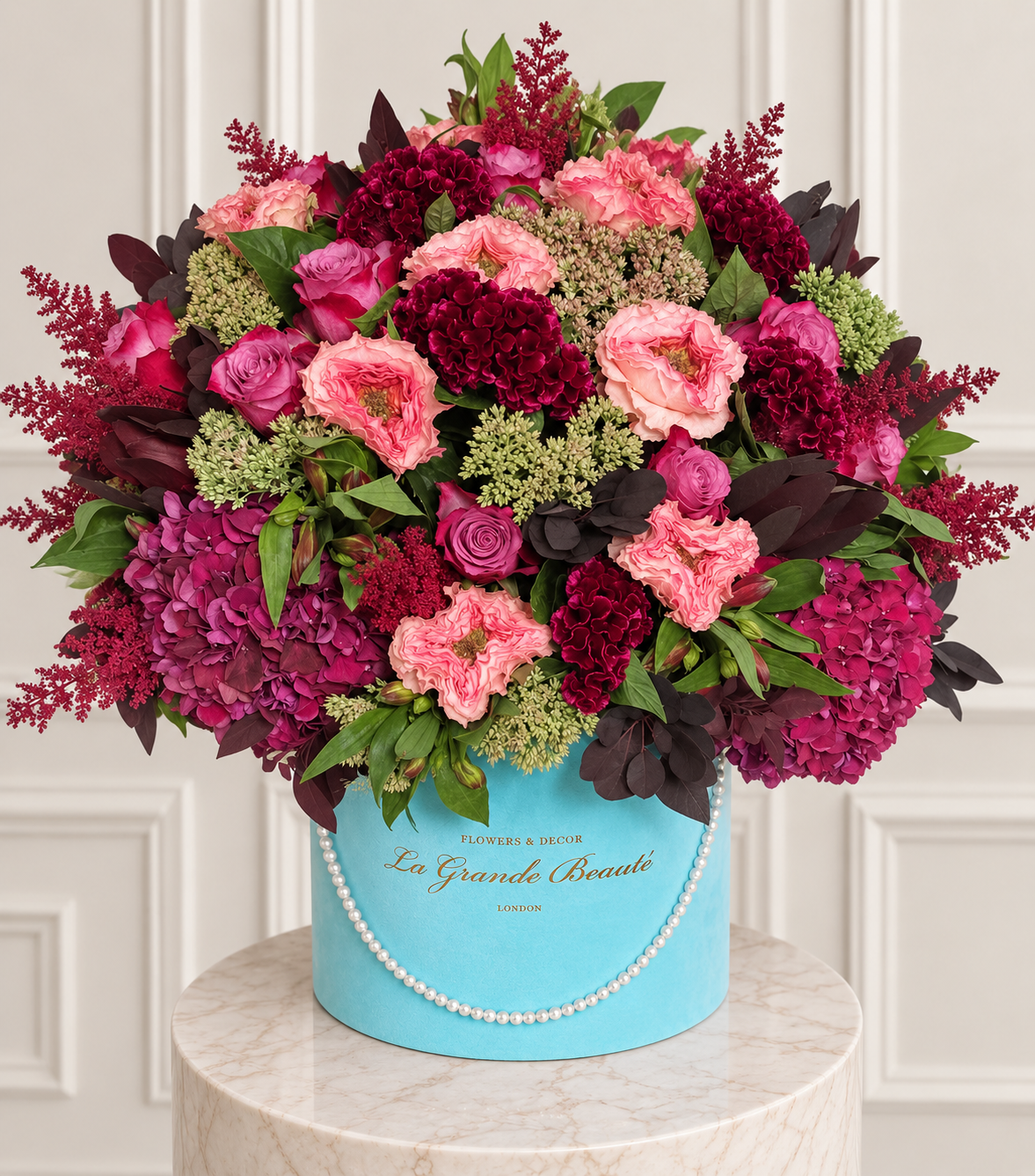 “Velvet Hour” – garnet and antique rose velvet box by La Grande Beauté, luxury flower delivery London