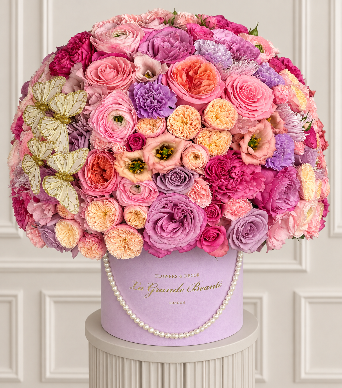“Lilas” – pink and purple garden rose flower box by La Grande Beauté, luxury flower delivery London