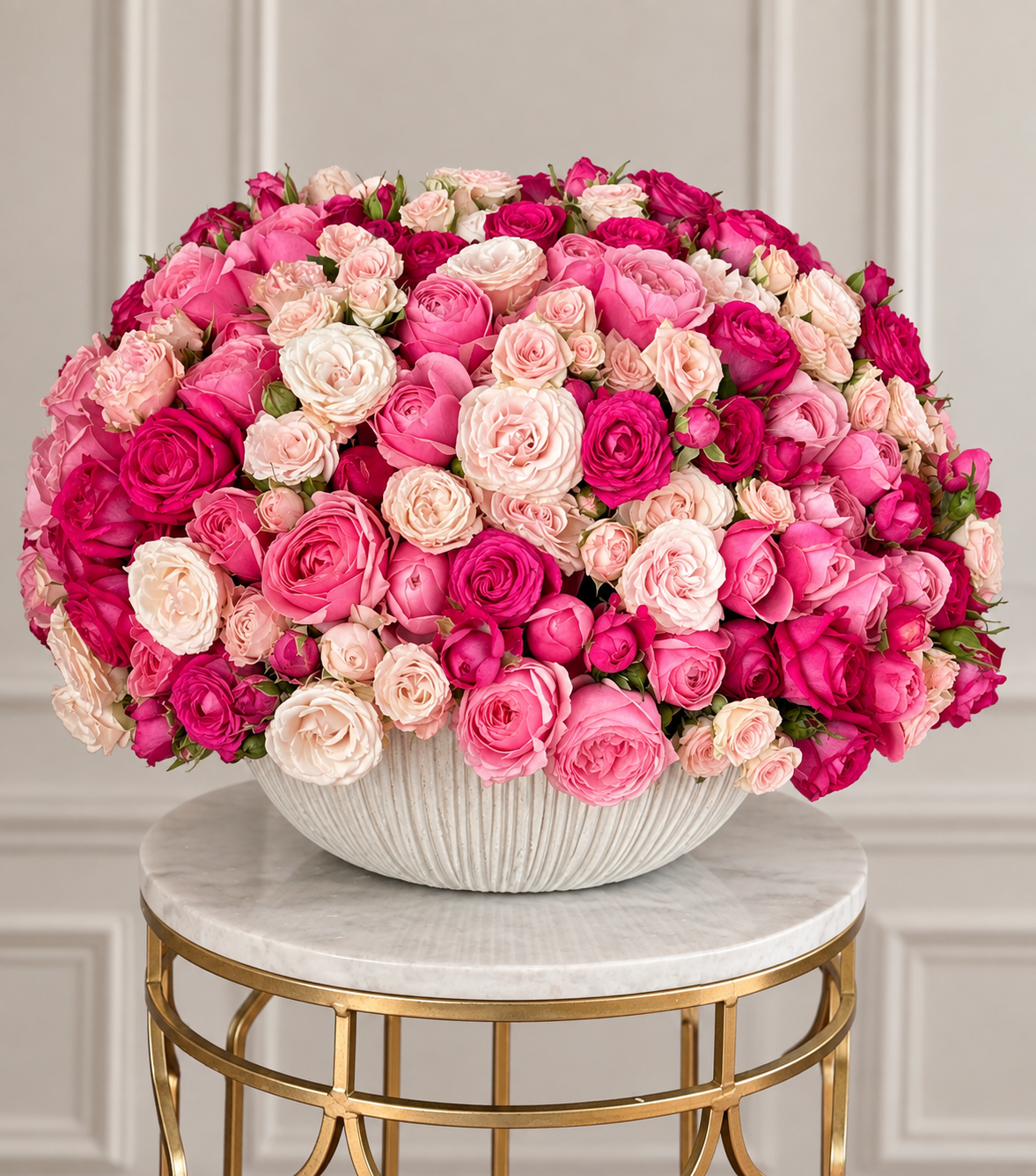 “Spray Rose Bowl” – spray roses in a ceramic bowl by La Grande Beauté, luxury flower delivery London