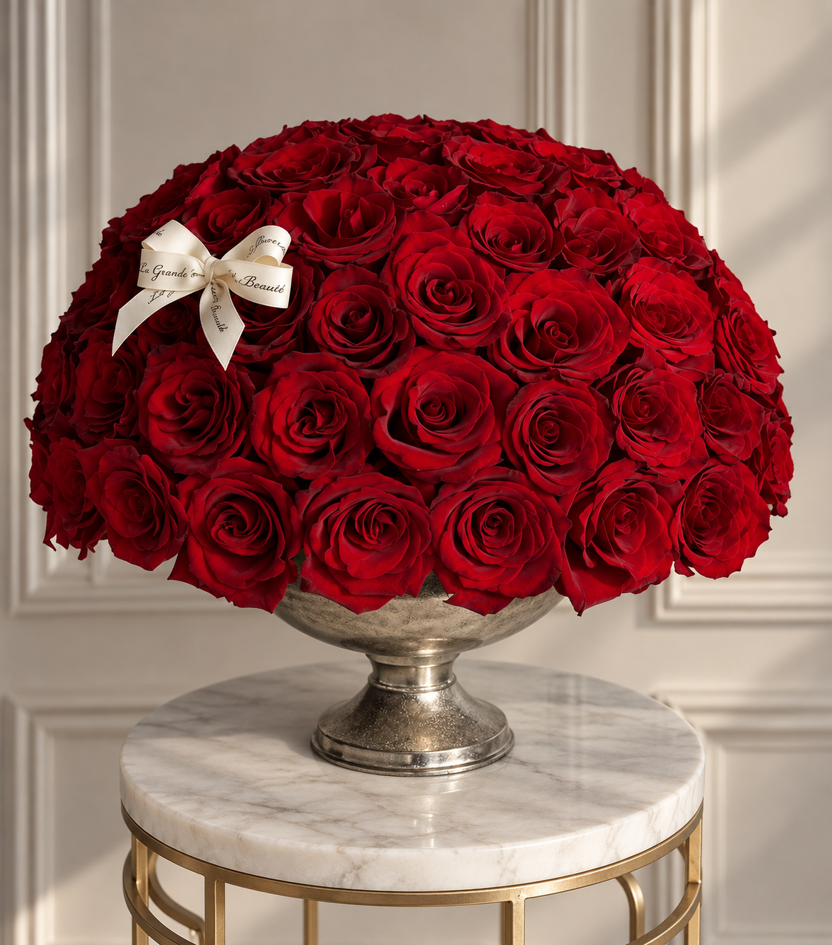 “Timeless Beauty” – dome of red roses in a silver vase by La Grande Beauté, luxury flower delivery London