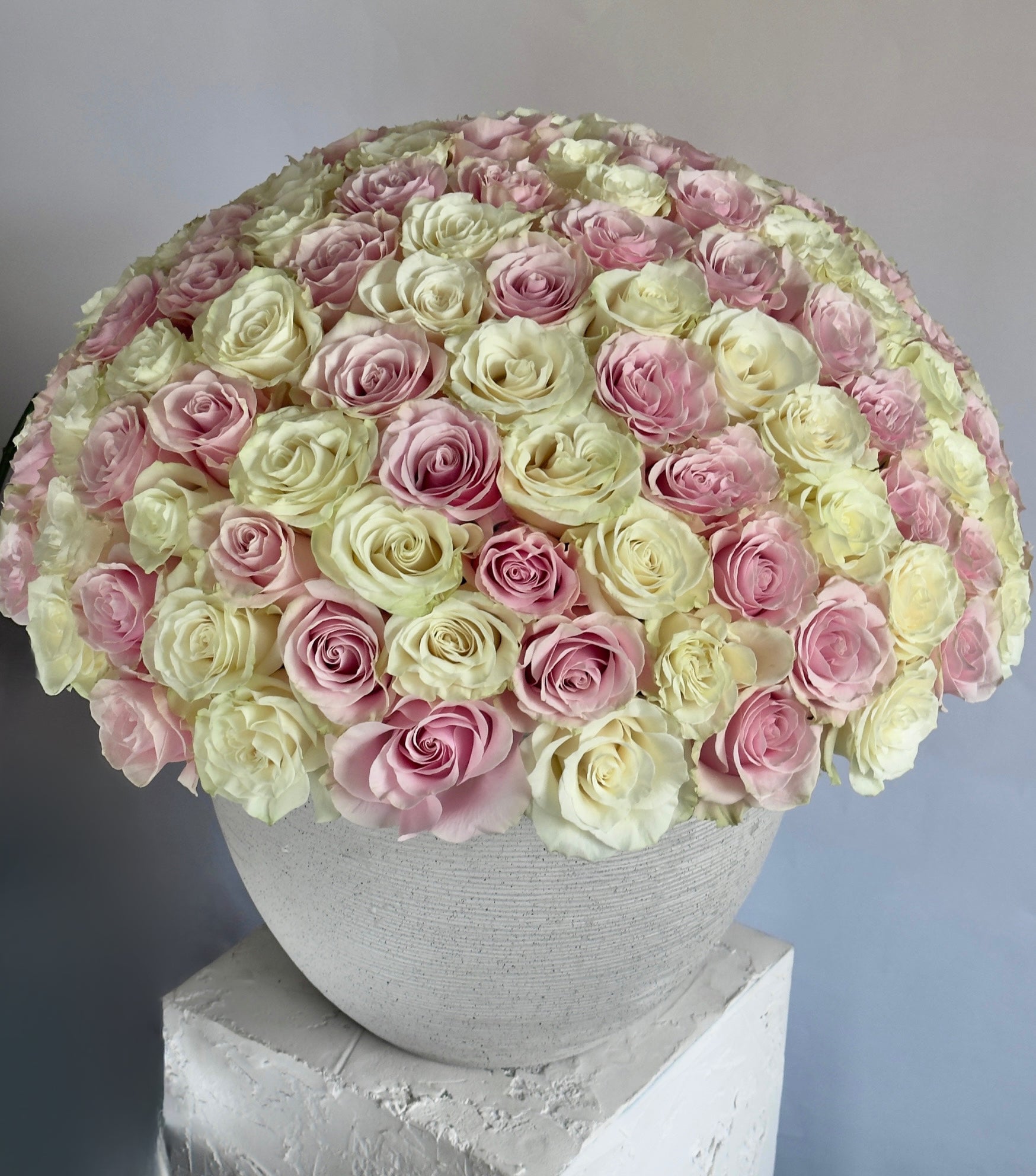 “Strawberry Cream” – 200 pink and white roses in a vase by La Grande Beauté, luxury flower delivery London