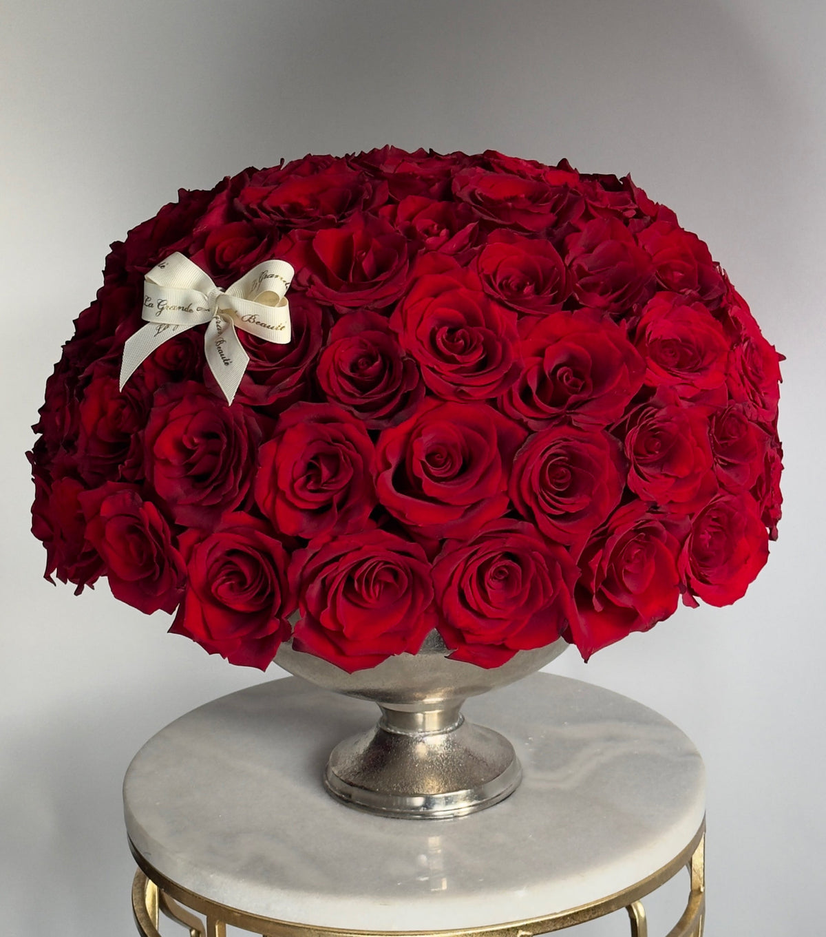 “Timeless Beauty” – dome of red roses in a silver vase by La Grande Beauté, luxury flower delivery London