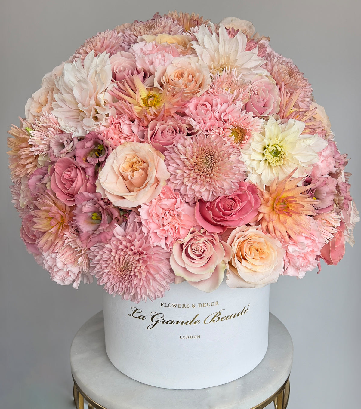 “Marie Antoinette” – box of roses, dahlias and carnations by La Grande Beauté, luxury flower delivery London