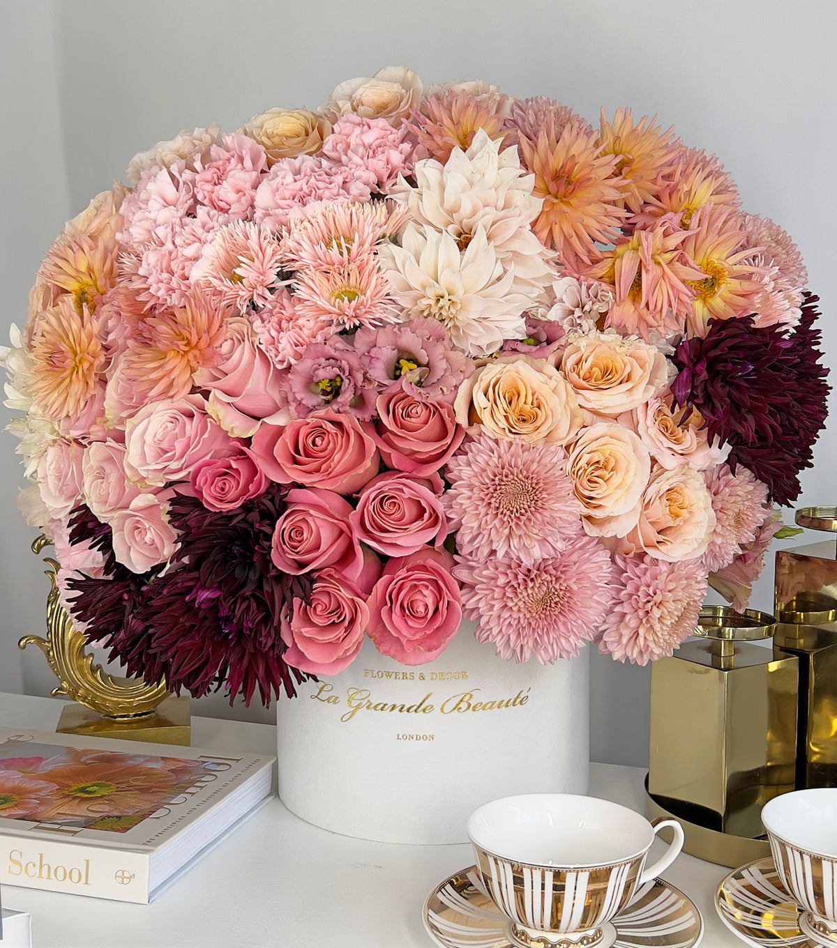 “Creme De La Creme” – autumn box of roses and dahlias by La Grande Beauté, luxury flower delivery London