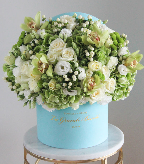 ''Aurora'', freshflowerbox, La Grande Beaute, Fresh, mother, Surpass expectations with this over the top box! Hydrangeas, lisianthus, garden spray roses, classic roses, orchids and other greenery are used in this beauty to create a breathtaking flower box. The arrangement in the photo is in the blue 25cm size La Grande Beaute velvet box. Central London Delivery Only. Please check our shipping policies for postcodes. DISCLAIMER - FRESH FLOWERS: These are fresh cut flowers and are perishable.Pleas