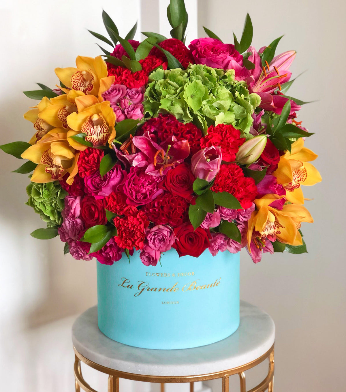 “Chérie” – mixed box of roses, lilies and orchids by La Grande Beauté, luxury flower delivery London