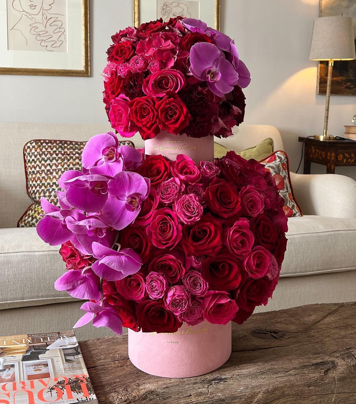 “Diamond of the season” – two-tier red rose and orchid box by La Grande Beauté, luxury flower delivery London