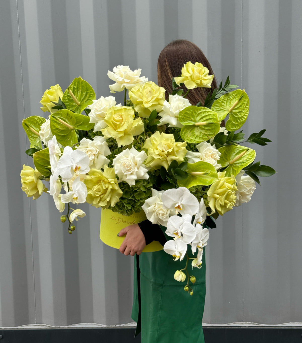 “Lime” – green roses, anthuriums and hydrangea box by La Grande Beauté, luxury flower delivery London