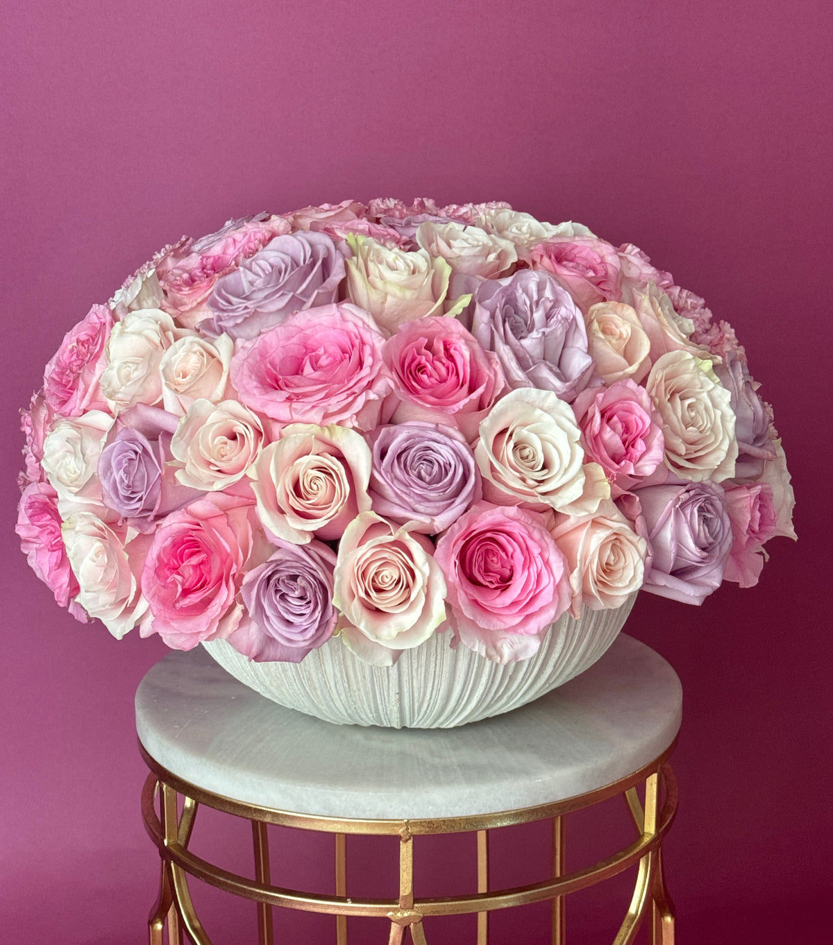 “Pastel Rose” – 80 roses in a ceramic bowl by La Grande Beauté, luxury flower delivery London