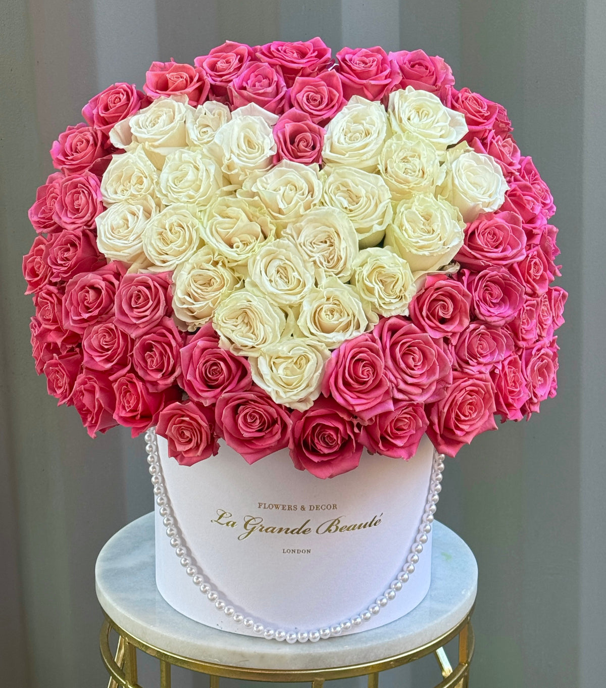 “Pure Affection” – heart box of pink and white roses by La Grande Beauté, luxury flower delivery London