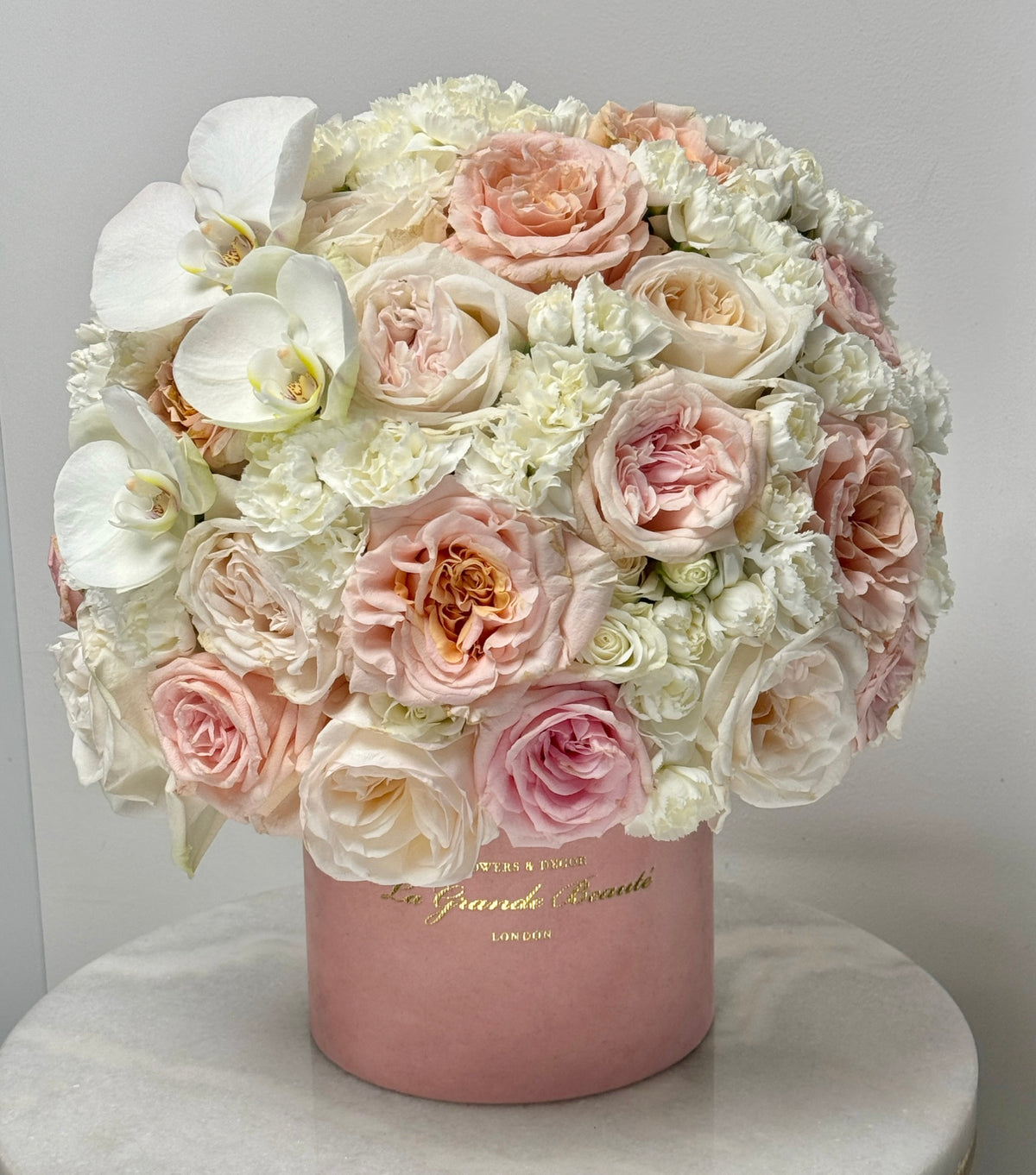 “Soft & Gentle” – petite box of roses and orchids by La Grande Beauté, luxury flower delivery London