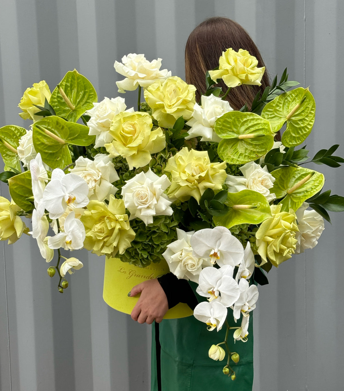 “Lime” – green roses, anthuriums and hydrangea box by La Grande Beauté, luxury flower delivery London