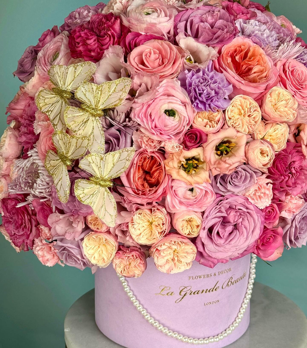 “Lilas” – pink and purple garden rose flower box by La Grande Beauté, luxury flower delivery London