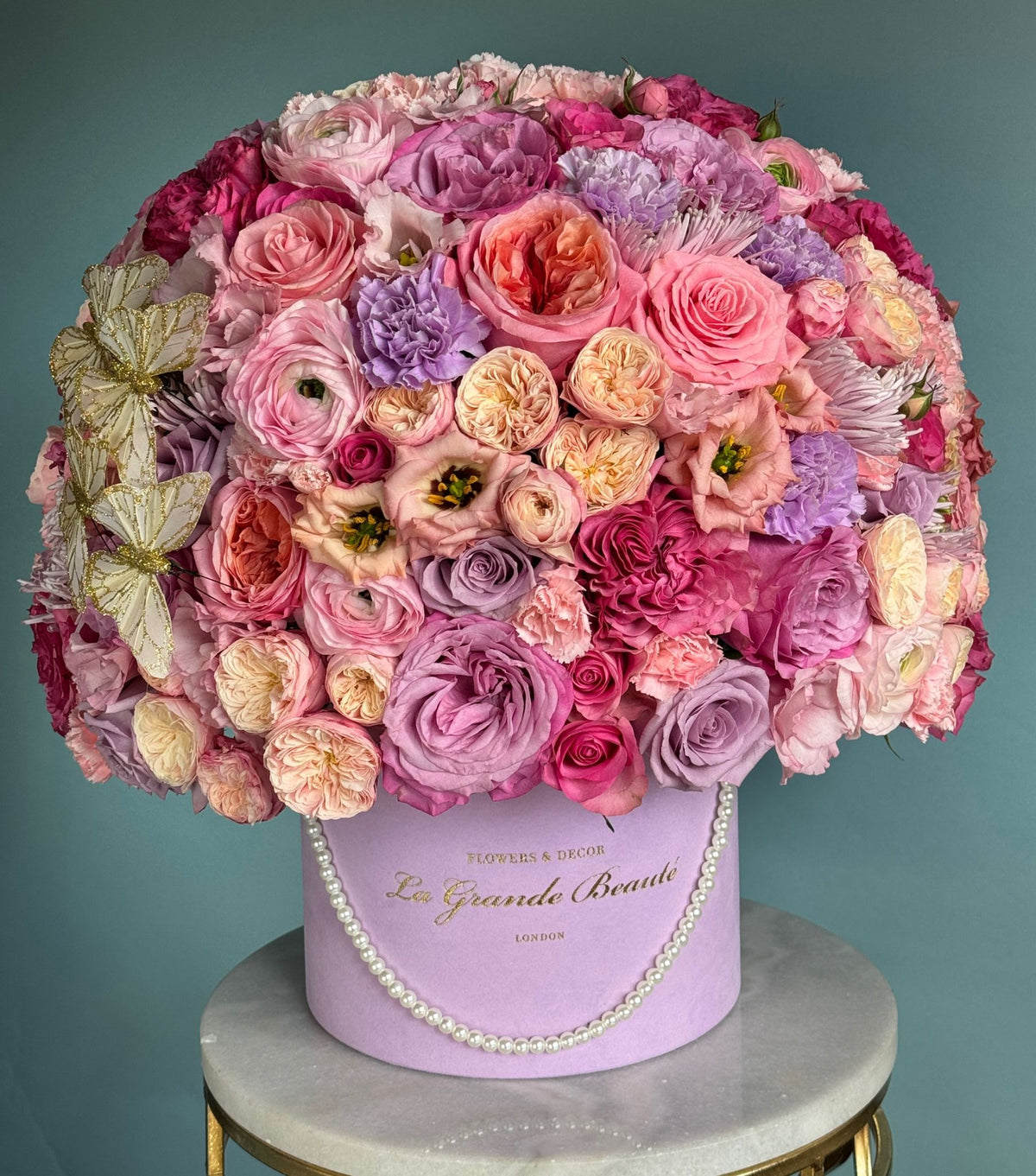 “Lilas” – pink and purple garden rose flower box by La Grande Beauté, luxury flower delivery London