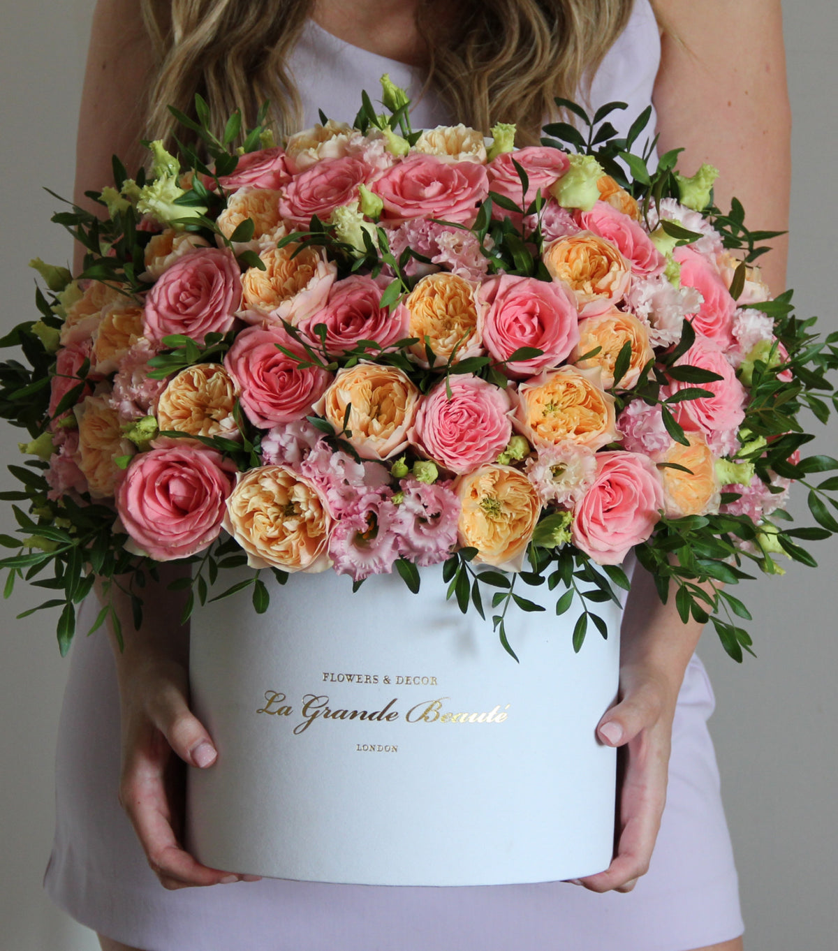 “Rose Bud” – pink and peach flower box by La Grande Beauté, luxury flower delivery London