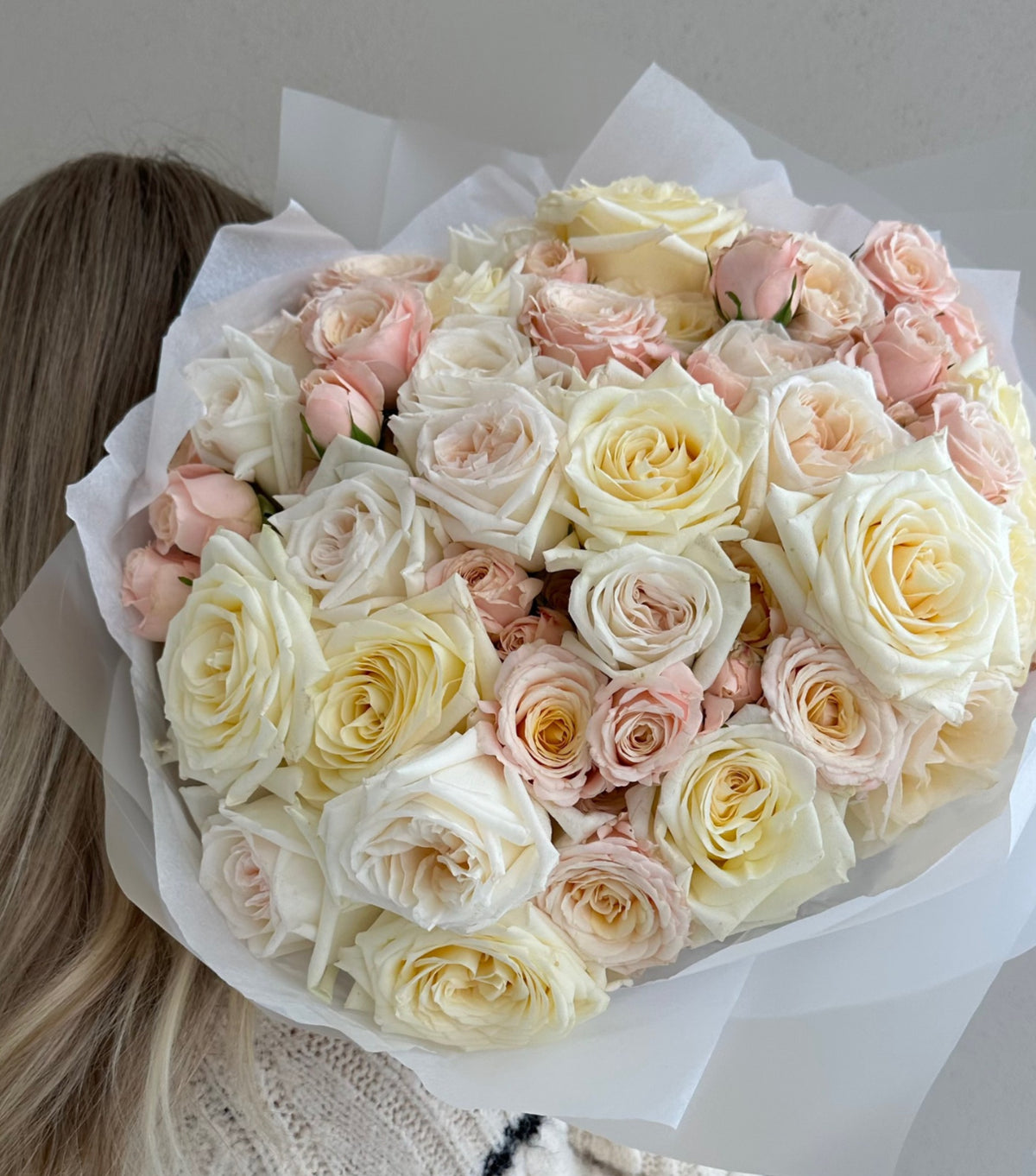 “Petal Crush” – hand-tied classic and spray rose bouquet by La Grande Beauté, luxury flower delivery London