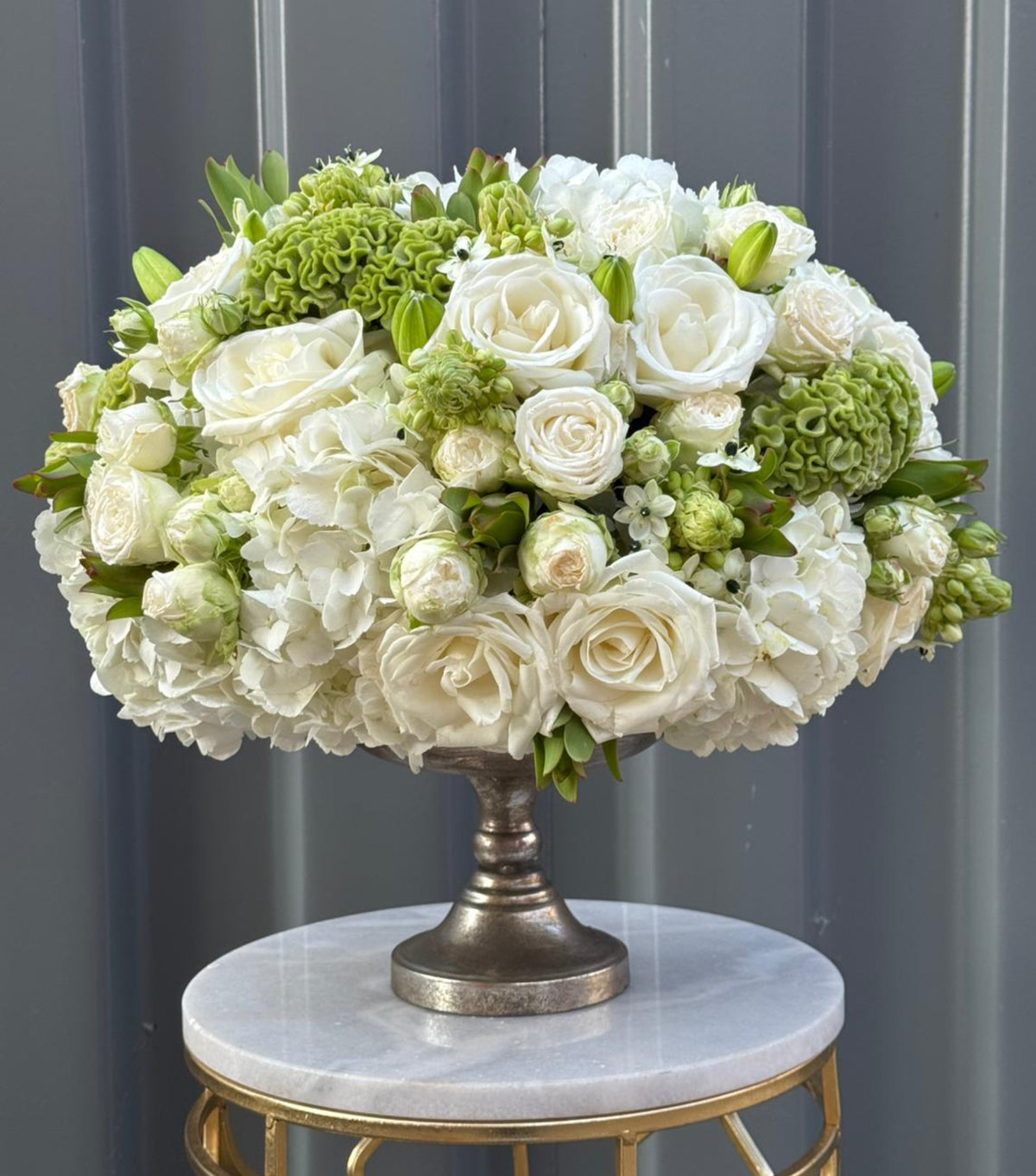 “Elegance” – white and green flower bowl by La Grande Beauté, luxury flower delivery London