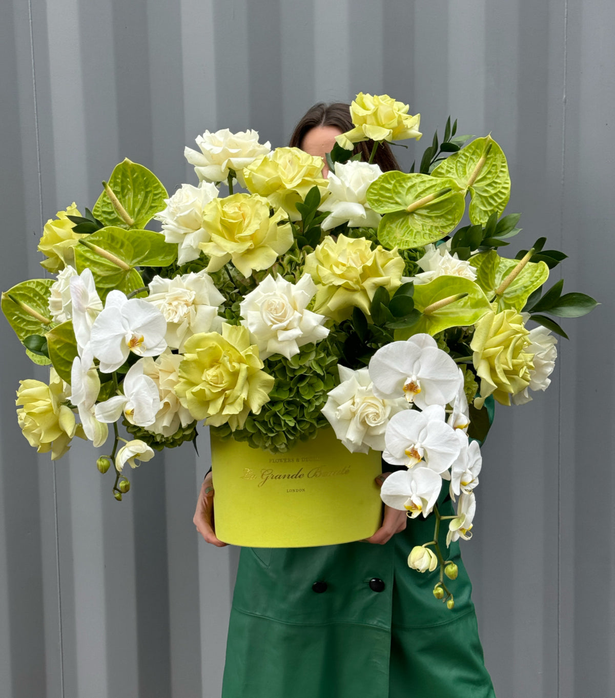 “Lime” – green roses, anthuriums and hydrangea box by La Grande Beauté, luxury flower delivery London
