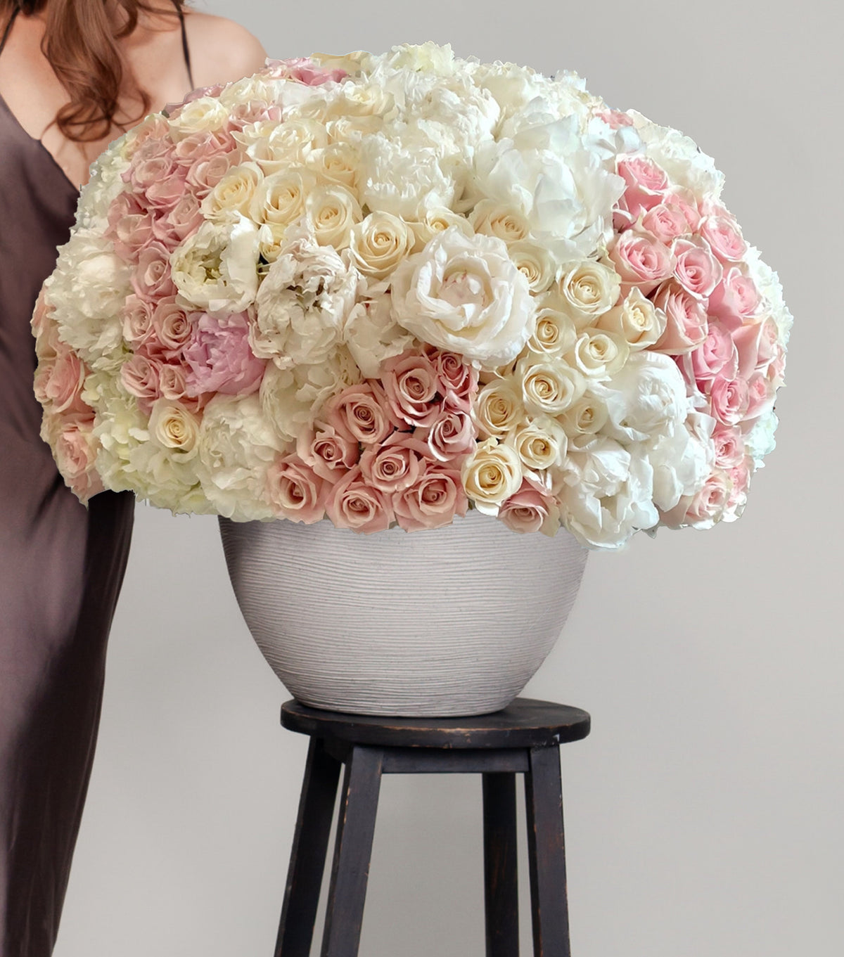 “Cream” – grand cream and pink vase arrangement by La Grande Beauté, luxury flower delivery London