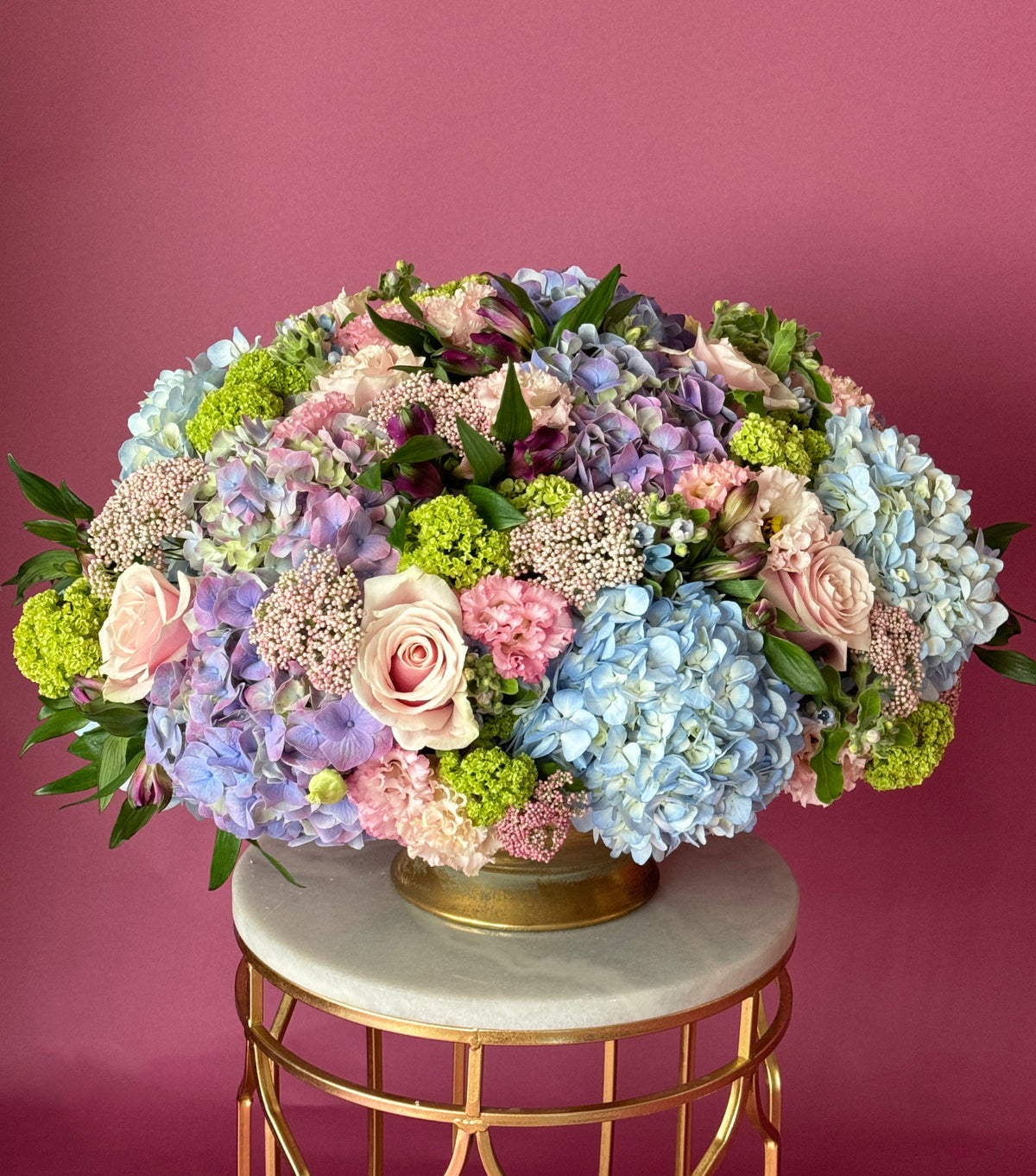 “Morning Dew” – vase of roses, hydrangea and eustomas by La Grande Beauté, luxury flower delivery London