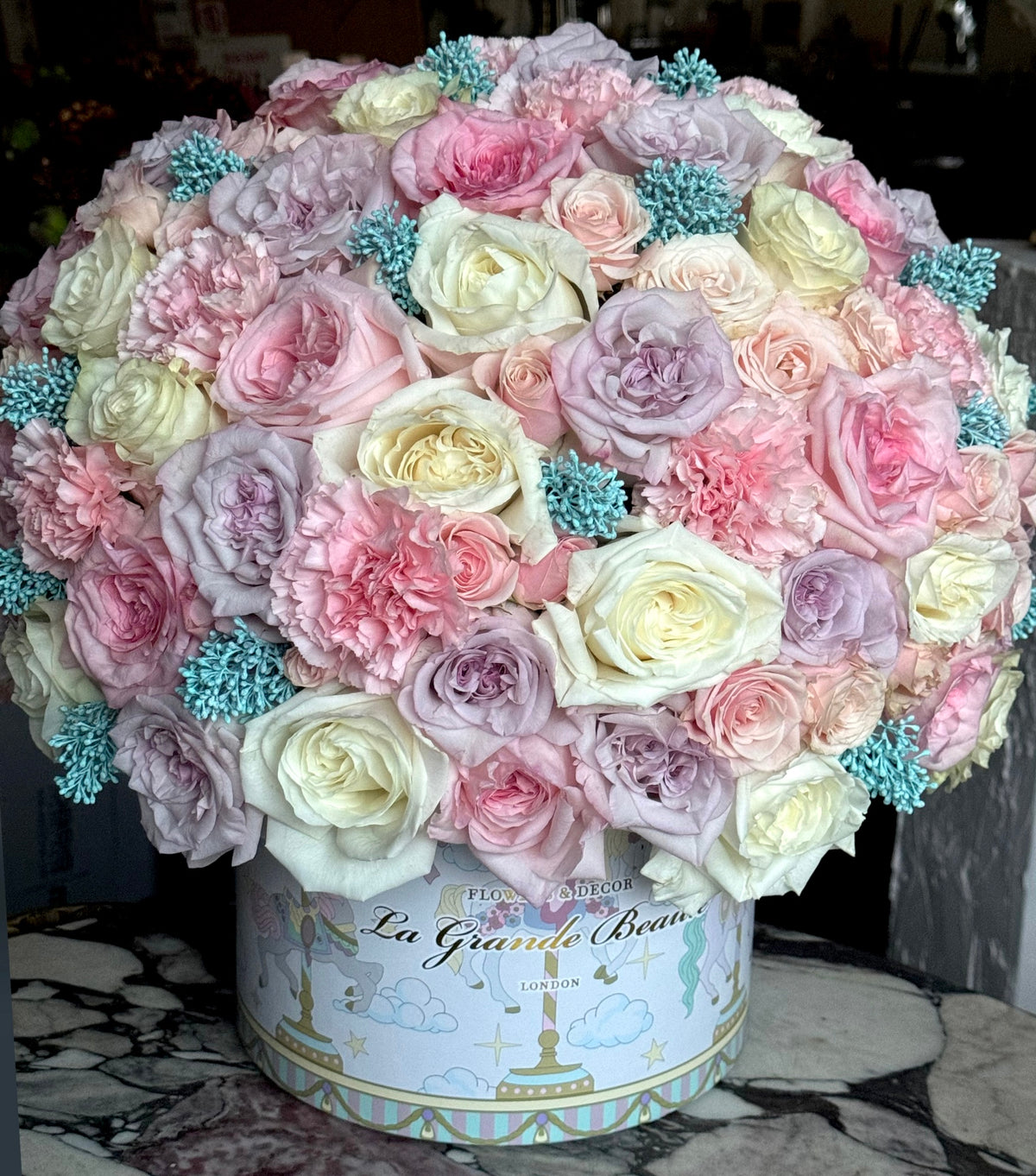 “Ethereal” – blush, purple and white roses and carnations by La Grande Beauté, luxury flower delivery London