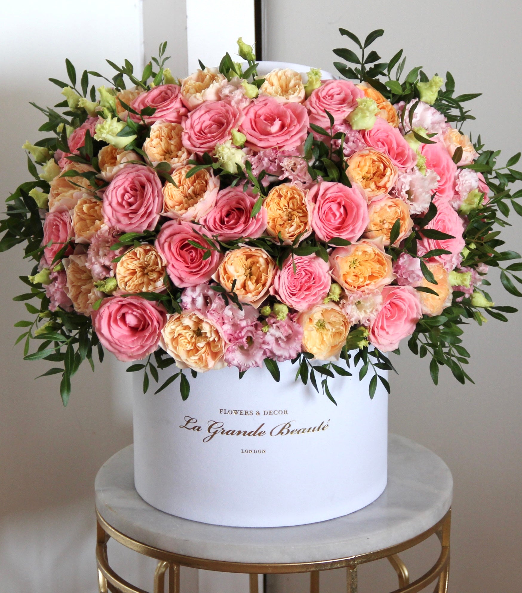 “Rose Bud” – pink and peach flower box by La Grande Beauté, luxury flower delivery London