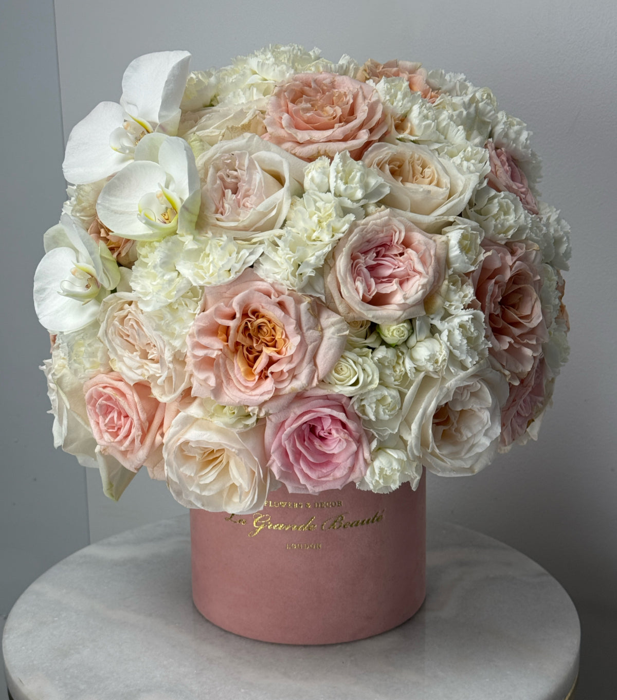 “Soft & Gentle” – petite box of roses and orchids by La Grande Beauté, luxury flower delivery London