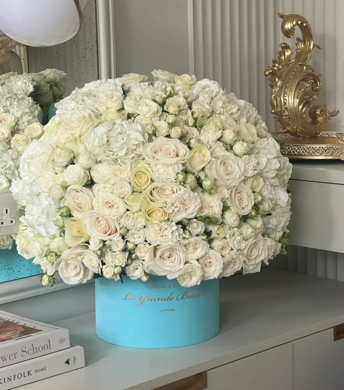 “Glorious” – white rose, peony and hydrangea velvet box by La Grande Beauté, luxury flower delivery London
