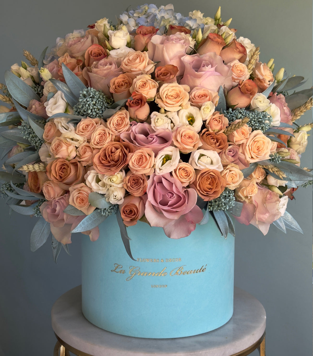 “Boho” – light blue and beige flower box by La Grande Beauté, luxury flower delivery London
