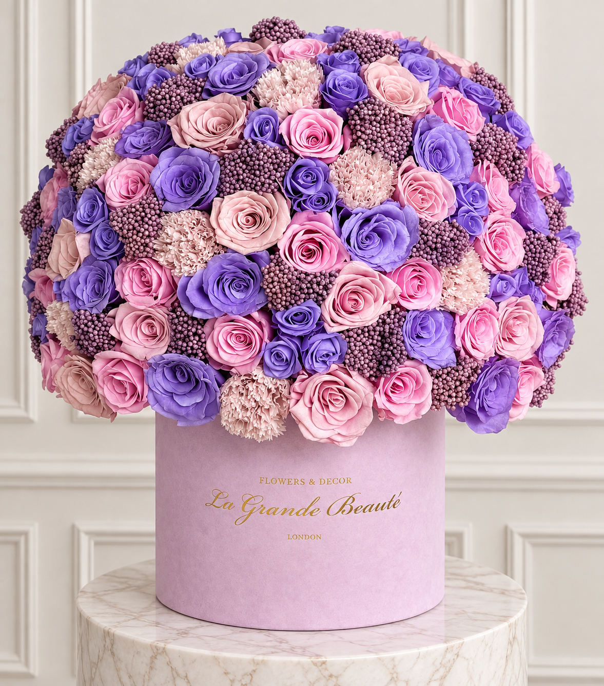 “Periwinkle” – preserved lavender-toned roses in a velvet box by La Grande Beauté, luxury flower delivery London