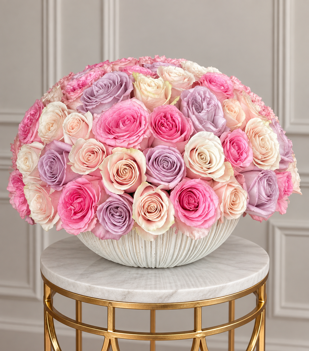 “Pastel Rose” – 80 pastel roses in a ceramic bowl by La Grande Beauté, luxury flower delivery London