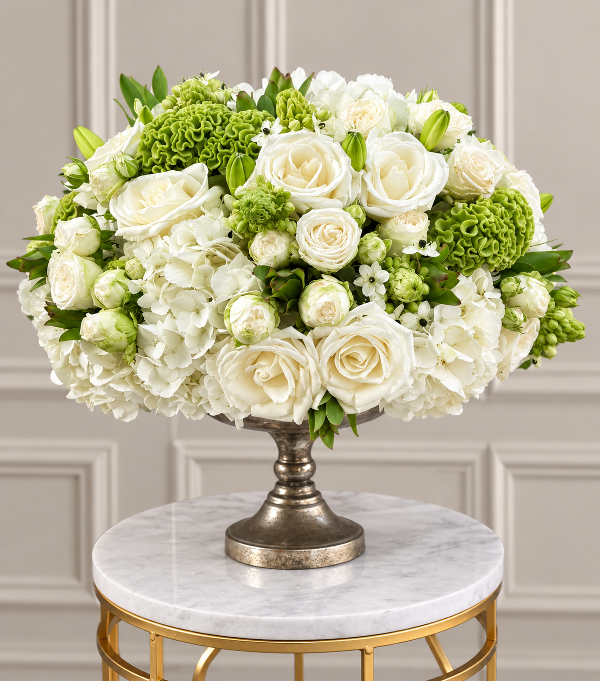 “Elegant” – white and green flower bowl by La Grande Beauté, luxury flower delivery London