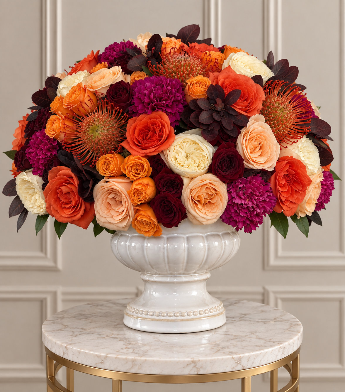 “Autumn Splendour” – fiery orange, burgundy and purple arrangement by La Grande Beauté, luxury flower delivery London