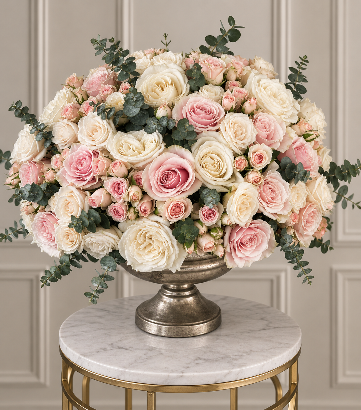 “Sweetheart” – blush pink and white rose vase arrangement by La Grande Beauté, luxury flower delivery London