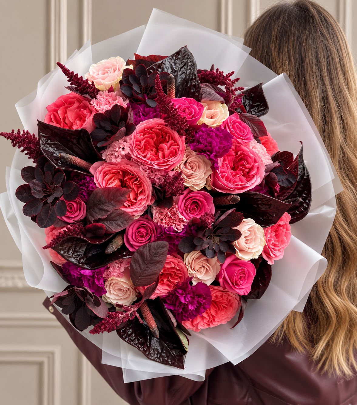 “Tickled Noir” – soft pink and black hand-tied bouquet by La Grande Beauté, luxury flower delivery London