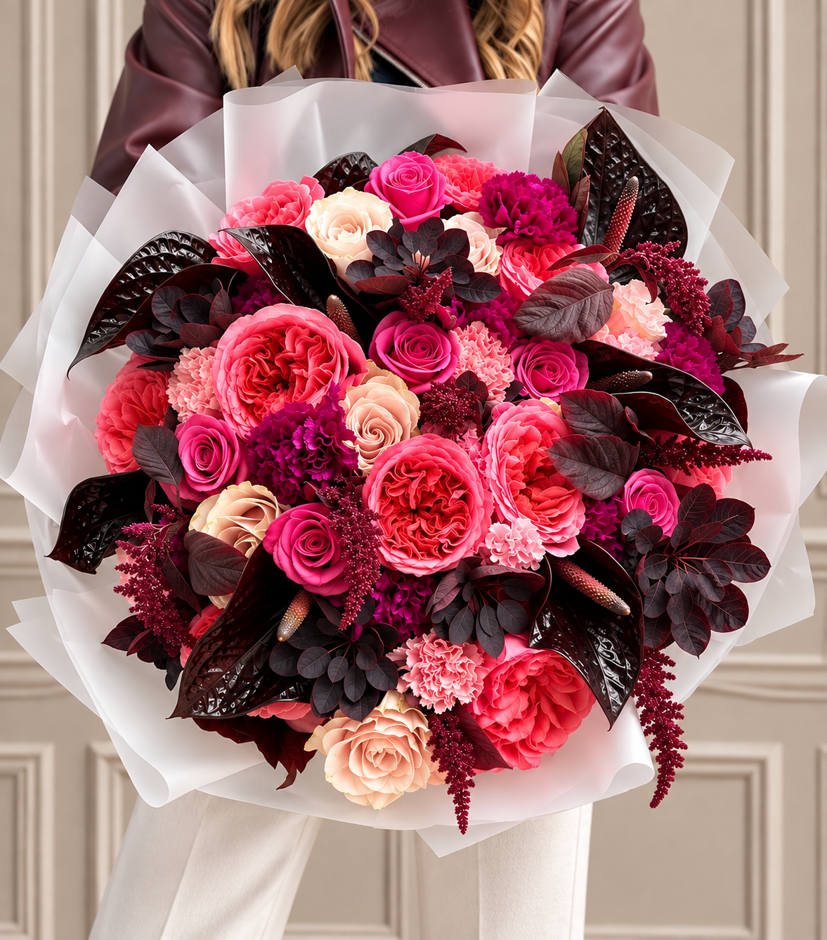 “Tickled Noir” – soft pink and black hand-tied bouquet by La Grande Beauté, luxury flower delivery London