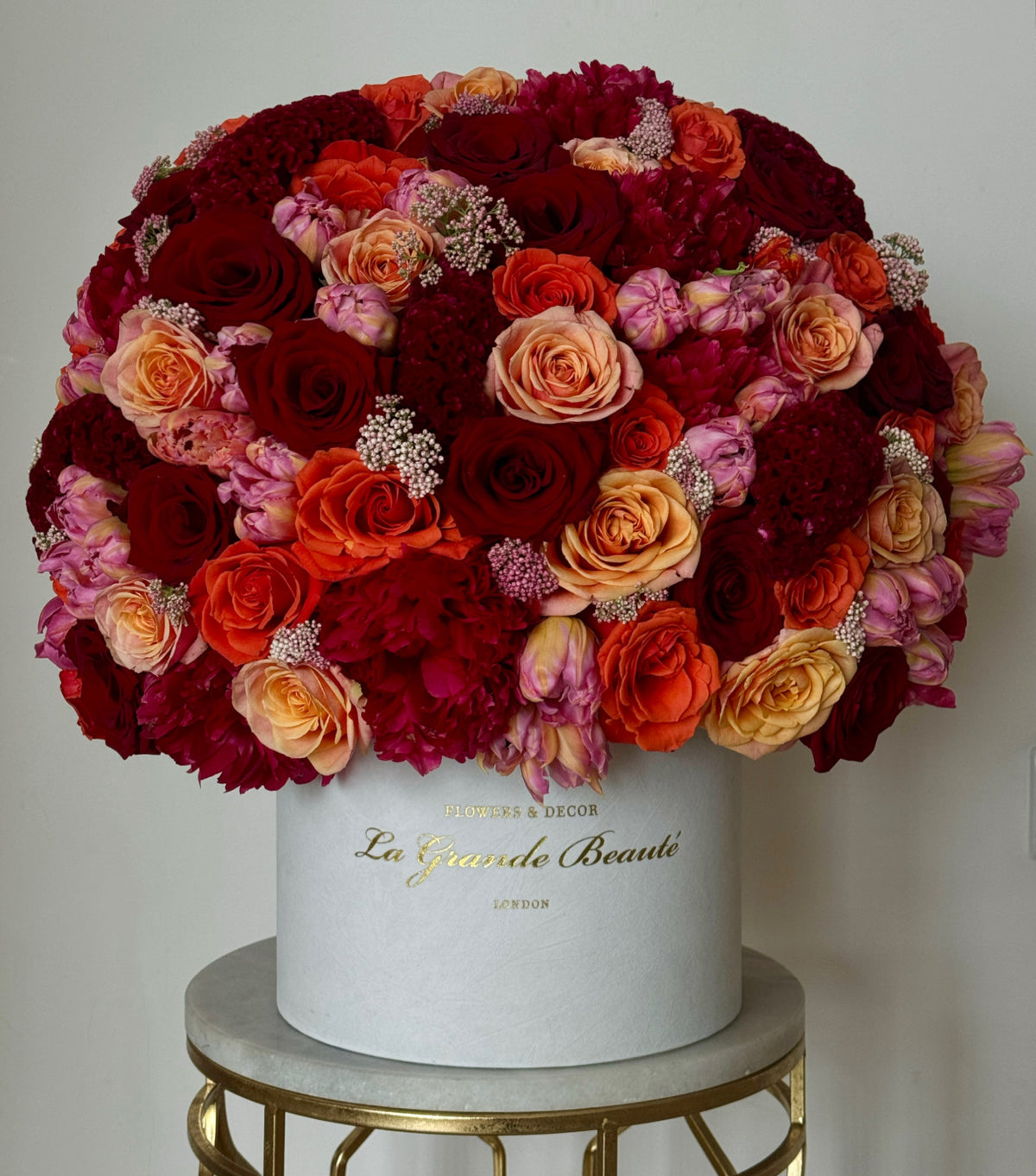 “Burgundy” – burgundy roses, peonies and tulips flower box by La Grande Beauté, luxury flower delivery London